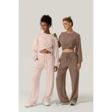 QINSEN Women 2 Piece Tracksuit Twist Front Cropped Tops Full Length Wide Leg Sweatpants Outfits Sweatsuit Beige S