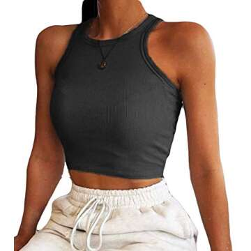 Artfish Women Casual Basic Sleeveless High Neck Rib-Knit Front Racerback Crop Tank Top 01#Black,XS