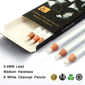 Brusarth White Charcoal Pencils Drawing Set, Professional 6 Pieces Sketch Highlight White Pencils fo...