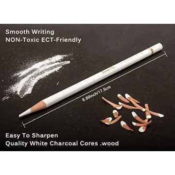 Brusarth White Charcoal Pencils Drawing Set, Professional 6 Pieces Sketch Highlight White Pencils for Drawing, Sketching, Shading, Blending, White Chalk Pencils for Beginners & Artists