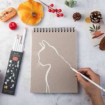 Brusarth White Charcoal Pencils Drawing Set, Professional 6 Pieces Sketch Highlight White Pencils for Drawing, Sketching, Shading, Blending, White Chalk Pencils for Beginners & Artists