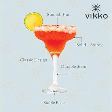 Vikko Margarita Glasses Set of 6, 10 Ounce, Crystal Clear Margarita Glass, Cosmopolitan Glassware for Margaritas, Frozen Drinks, Pina Coladas and Cocktails, Margarita Cups