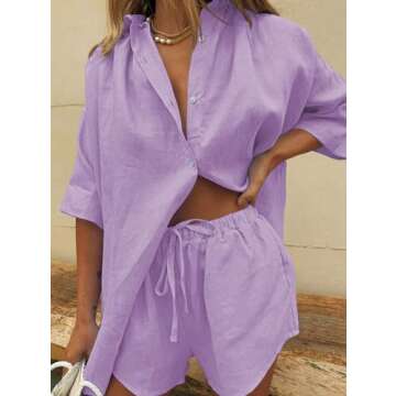 Fixmatti Women 2 Piece Beach Outfit Coverups Blouse and Shorts Set Summer Sweatsuit Purple M