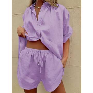 Fixmatti Women 2 Piece Beach Outfit Coverups Blouse and Shorts Set Summer Sweatsuit Purple M