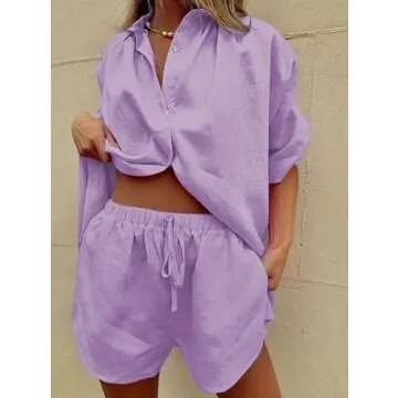 Fixmatti Women 2 Piece Beach Outfit Coverups Blouse and Shorts Set Summer Sweatsuit Purple M