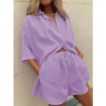 Fixmatti Women 2 Piece Beach Outfit Coverups Blouse and Shorts Set Summer Sweatsuit Purple M