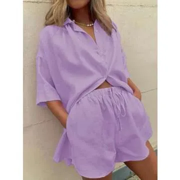Fixmatti Women 2 Piece Beach Outfit Coverups Blouse and Shorts Set Summer Sweatsuit Purple M