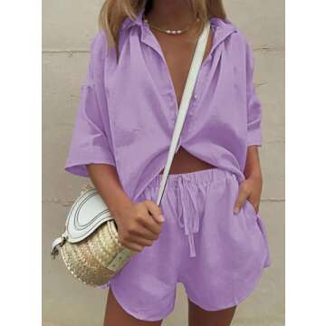 Fixmatti Women 2 Piece Beach Outfit Coverups Blouse and Shorts Set Summer Sweatsuit Purple M