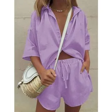 Fixmatti Women 2 Piece Beach Outfit Coverups Blouse and Shorts Set Summer Sweatsuit Purple M