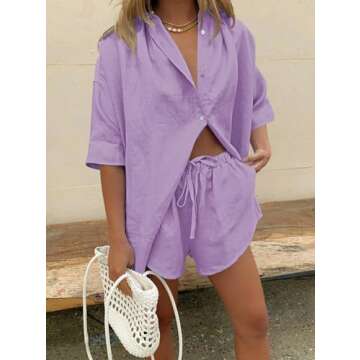 Fixmatti Women 2 Piece Beach Outfit Coverups Blouse and Shorts Set Summer Sweatsuit Purple M