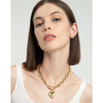 FAUTHENTICUTE Gold Heart Pendant Necklaces For Women Worn Gold Chunky Link Chain Necklaces With A He...