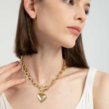 FAUTHENTICUTE Gold Heart Pendant Necklaces For Women Worn Gold Chunky Link Chain Necklaces With A Heart Toggle And Bar Mothers Day Necklace Gifts For Mom