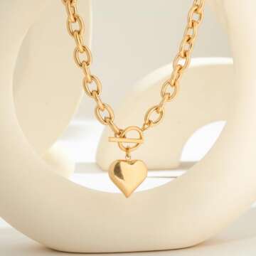 FAUTHENTICUTE Gold Heart Pendant Necklaces For Women Worn Gold Chunky Link Chain Necklaces With A Heart Toggle And Bar Mothers Day Necklace Gifts For Mom
