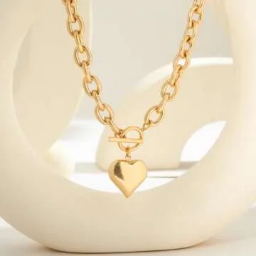 FAUTHENTICUTE Gold Heart Pendant Necklaces For Women Worn Gold Chunky Link Chain Necklaces With A Heart Toggle And Bar Mothers Day Necklace Gifts For Mom