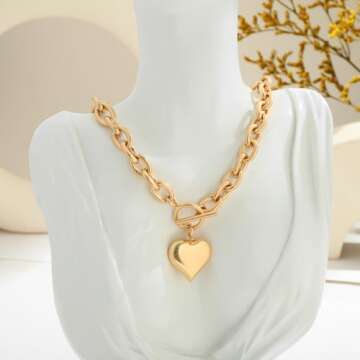 FAUTHENTICUTE Gold Heart Pendant Necklaces For Women Worn Gold Chunky Link Chain Necklaces With A Heart Toggle And Bar Mothers Day Necklace Gifts For Mom
