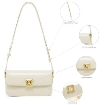 LAFESTIN Split Leather Shoulder Purse For Women With Adjustable Strap, Designer Women’s Crossbody Purse with Inner Pockets - Vintage Women’s Handbags And Satchel Purses - Ivory