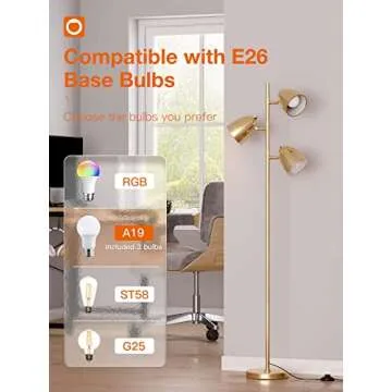 addlon Tree Floor Lamp with 3 Adjustable Rotating Lights and Matching LED Bulbs, Standing Tall Pole Lamps for Living Room, Bedroom, Home, Office - Brass Gold