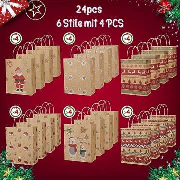 Mjokoj 24 Pack Christmas Gift Bags, 6 Designs Christmas Kraft Paper Bags, 8.85x7.08x3.5 Inches with ...