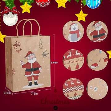 Mjokoj 24 Pack Christmas Gift Bags, 6 Designs Christmas Kraft Paper Bags, 8.85x7.08x3.5 Inches with Handles Xmas Gift Bags, Suitable for Holiday Kraft Paper Gift Bags, Reusable Christmas Gift Bags