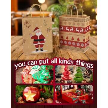 Mjokoj 24 Pack Christmas Gift Bags, 6 Designs Christmas Kraft Paper Bags, 8.85x7.08x3.5 Inches with Handles Xmas Gift Bags, Suitable for Holiday Kraft Paper Gift Bags, Reusable Christmas Gift Bags