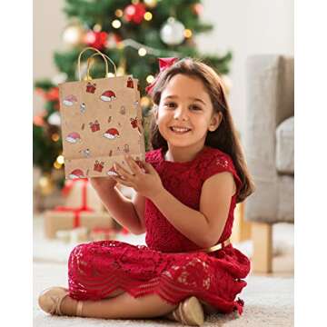 Mjokoj 24 Pack Christmas Gift Bags, 6 Designs Christmas Kraft Paper Bags, 8.85x7.08x3.5 Inches with Handles Xmas Gift Bags, Suitable for Holiday Kraft Paper Gift Bags, Reusable Christmas Gift Bags