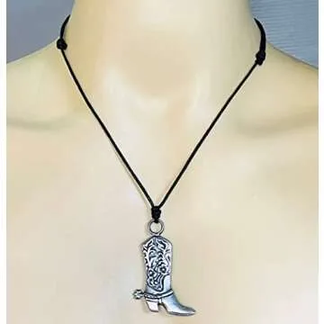 Western Jewelry Cowboy Boots Cowgirl boot Country Texas Protection Amulet Gambling Wealth Fortune Lucky Charm Silver Pewter Men's Pendant Necklace w Black Adjustable Cord
