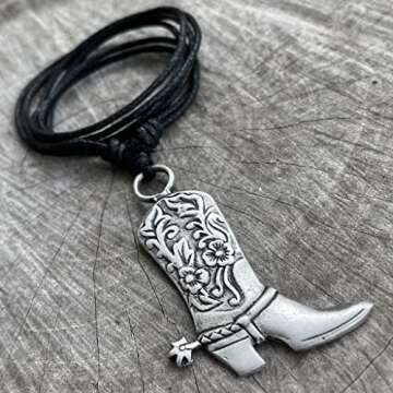 Western Jewelry Cowboy Boots Cowgirl boot Country Texas Protection Amulet Gambling Wealth Fortune Lucky Charm Silver Pewter Men's Pendant Necklace w Black Adjustable Cord
