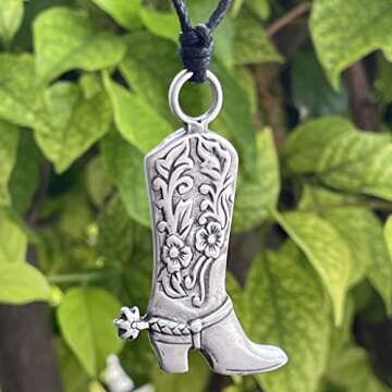 Western Jewelry Cowboy Boots Cowgirl boot Country Texas Protection Amulet Gambling Wealth Fortune Lucky Charm Silver Pewter Men's Pendant Necklace w Black Adjustable Cord