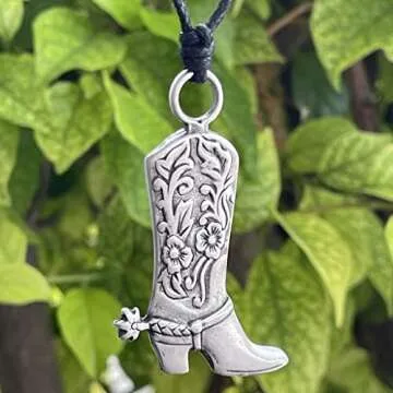 Western Jewelry Cowboy Boots Cowgirl boot Country Texas Protection Amulet Gambling Wealth Fortune Lucky Charm Silver Pewter Men's Pendant Necklace w Black Adjustable Cord