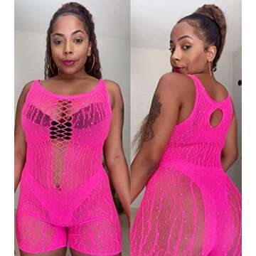 Ella Lust Women Sexy Sparkly Rhinestone Bodysuit - Plus Size Rave Outfits Exotic EDM Dancewear Mesh Fishnet Cut Out Jumpsuit(HotPink,O,1053a)
