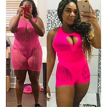 Ella Lust Women Sexy Sparkly Rhinestone Bodysuit - Plus Size Rave Outfits Exotic EDM Dancewear Mesh Fishnet Cut Out Jumpsuit(HotPink,O,1053a)