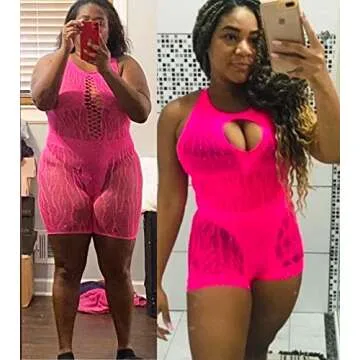 Ella Lust Women Sexy Sparkly Rhinestone Bodysuit - Plus Size Rave Outfits Exotic EDM Dancewear Mesh Fishnet Cut Out Jumpsuit(HotPink,O,1053a)