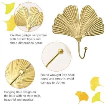 MOROBOR Decorative Leaves Iron Hooks, 4pcs Ginkgo Leaf Shape Wall Mounted Hooks Modern Key Holder Wall Mounted Gold Single Prong Hat Hanger for Hallways Living Room Home Office Decoration