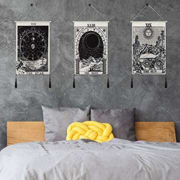 3 Pieces Tarot Card Tapestry Moon Star and Sun Tapestry Mountain Tapestry Black and White Art Tapest...
