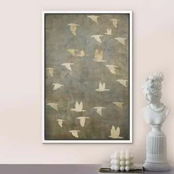 NWT Framed Canvas Print Wall Art Grunge Gold Flying Bird Collage Nature Wilderness Illustrations Mod...