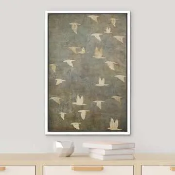 NWT Framed Canvas Print Wall Art Grunge Gold Flying Bird Collage Nature Wilderness Illustrations Modern Art Decorative Landscape Rustic Zen Colorful for Living Room, Bedroom, Office - 24"x36" White