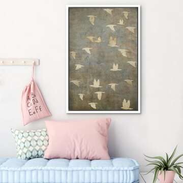 NWT Framed Canvas Print Wall Art Grunge Gold Flying Bird Collage Nature Wilderness Illustrations Modern Art Decorative Landscape Rustic Zen Colorful for Living Room, Bedroom, Office - 24"x36" White