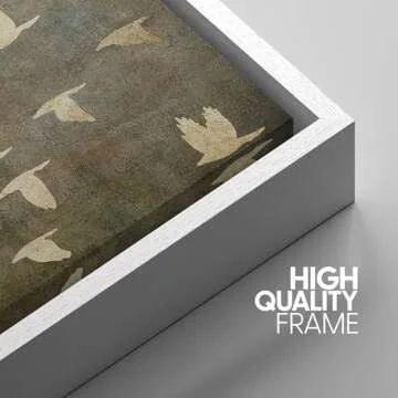 NWT Framed Canvas Print Wall Art Grunge Gold Flying Bird Collage Nature Wilderness Illustrations Modern Art Decorative Landscape Rustic Zen Colorful for Living Room, Bedroom, Office - 24"x36" White