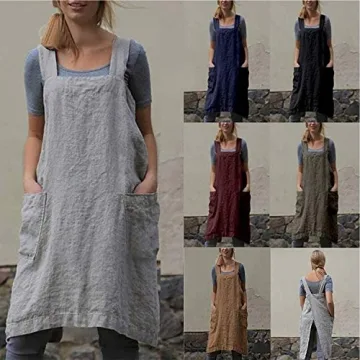 YESDOOD Cotton Linen Cross Back Apron with Pockets