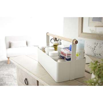 Yamazaki Home Storage Basket - Wood Handle Organizer Steel + Wood Large White