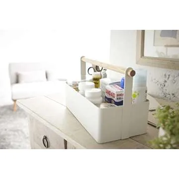 Yamazaki Home Storage Basket - Wood Handle Organizer Steel + Wood Large White