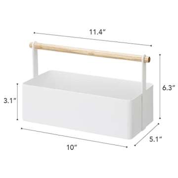 Yamazaki Home Storage Basket - Wood Handle Organizer Steel + Wood Large White