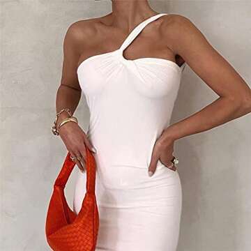 Ophestin Women's Elegant One Shoulder Dress Crisscross Backless Slim Fit Stretchy Party Club Maxi Dress White S