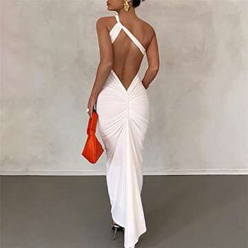 Ophestin Women's Elegant One Shoulder Dress Crisscross Backless Slim Fit Stretchy Party Club Maxi Dress White S