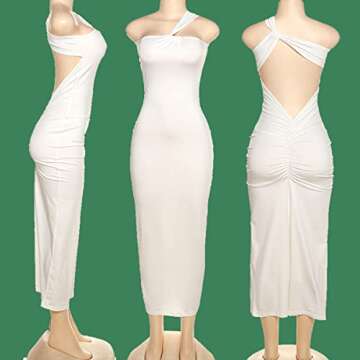 Ophestin Women's Elegant One Shoulder Dress Crisscross Backless Slim Fit Stretchy Party Club Maxi Dress White S