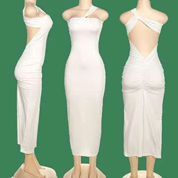 Ophestin Women's Elegant One Shoulder Dress Crisscross Backless Slim Fit Stretchy Party Club Maxi Dress White S