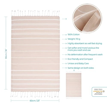 Cacala 100% Turkish Cotton Kitchen Tea Towels, Highly Absorbent Luxury Soft Quick Drying Dish Towel with Hanging Loop for Gym, Yoga, Bath, Sports, Cleaning and Kitchen (23 x 36), Beige