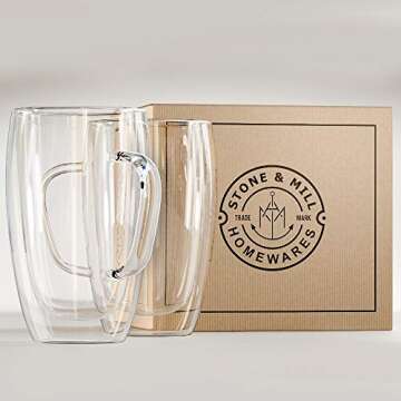 Stone & Mill Large Double Walled Glass Coffee Cups Set