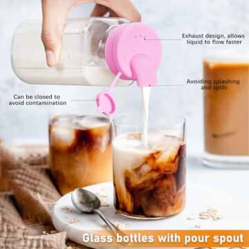 4 Pack 16 Oz Square Glass Milk Bottle with A Silicone Dispenser Cap, Glass Juice Bottles with Airtight Screw Lid, Reusable Drinking Bottles with Capacity Marks, Breastmilk Storage Container