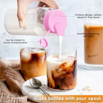 4 Pack 16 Oz Square Glass Milk Bottle with A Silicone Dispenser Cap, Glass Juice Bottles with Airtig...